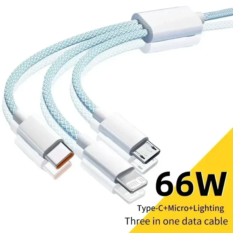 3 In 1 Fast Charging Cable 66W 6A USB Type C Lightning Micro USB Data Cable for Huawei Xiaomi Samsung iPhone OPPO 1.2/2M