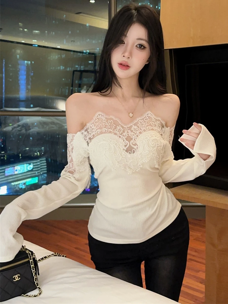 Pure Desire Lace Splice One Shoulder Design Slim Fit Long Sleeve Waist Cinching Atmosphere T-Shirt Women's Top Sexy Style Pol...