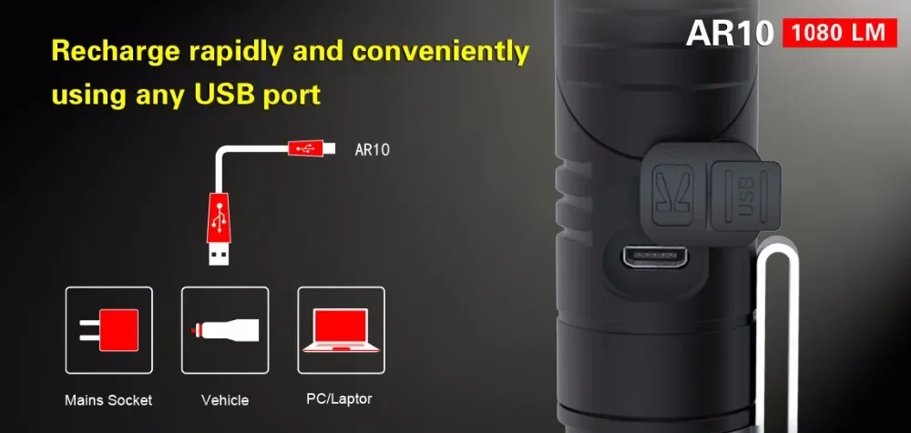 AR10 Rechargeable Flashlight and Angle Light 1080 Lumens Adjustable USB Rechargeable LED Flashlight