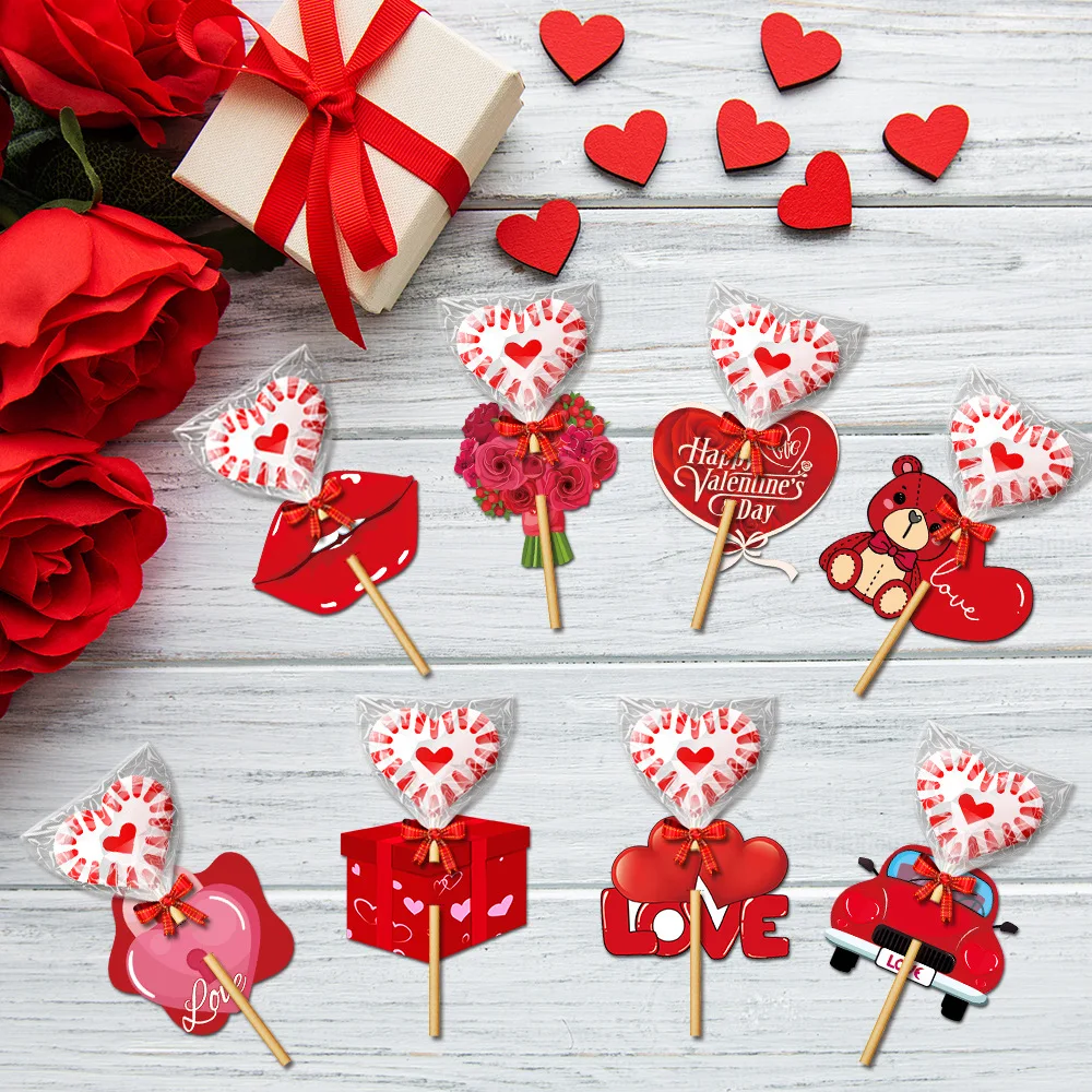 16pcs Valentine's Day Decorations Funny Lollipop Paper Cards DIY Candy Gift Packaging Red Paper Cards Wedding Party Supplies