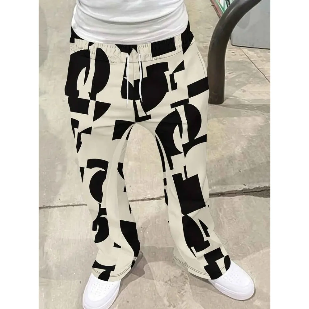 Men's Casual Street Style Trendy Cross Print Fashionable Slightly Flared Black and White Color-Block Design Sweatpants Men Pants