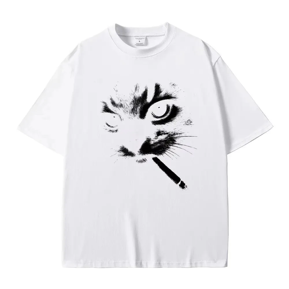 Women Casual Funny Meme Smoking Cat Face Graphic T-shirts Geometric Print Crew Neck ShortSleeve Cats Lovers Gifts Classic Design