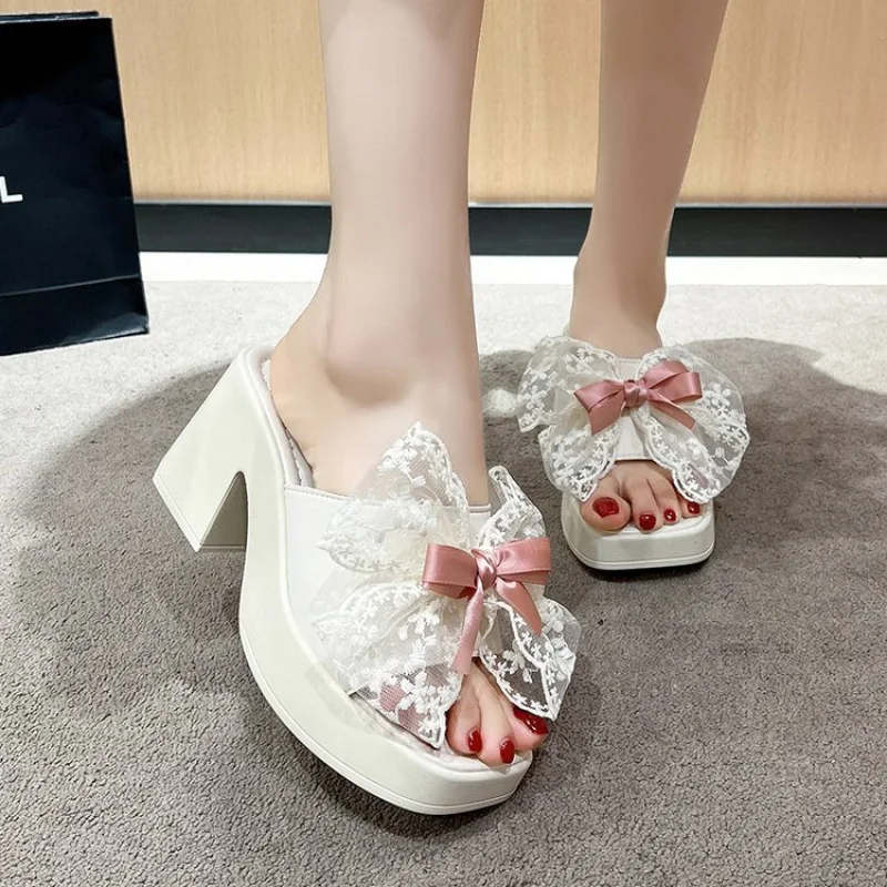 Mesh Bow Knot Extreme High Heel Slippers Women New Square Toe Thick Bottom Sandal Lady Elegant Party Dress Slip on Slides Mujer
