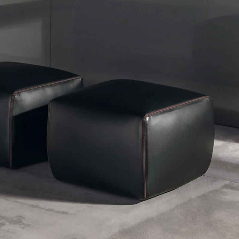 Italian Square Sofa Stool black leather footstool Low Stool Living Room  Ottoman Chair Furniture