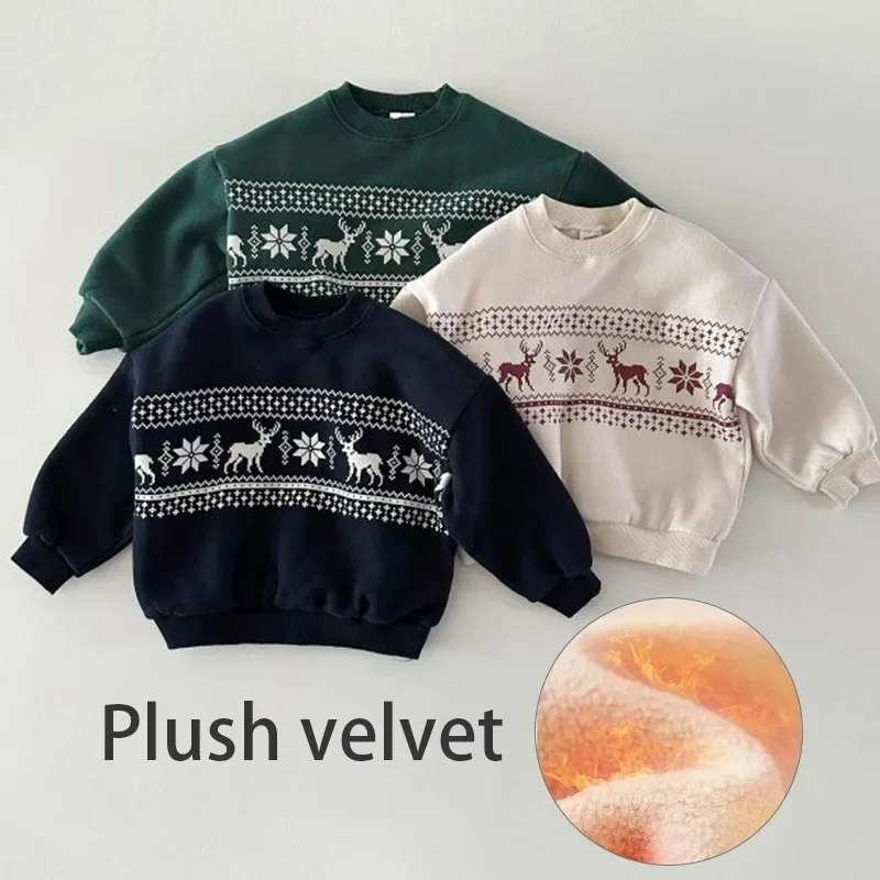 Childrens Korean Style Winter Top Clothes Girl Velvet  Loose Casual Long Sleeve T-Shirt Boy Fleece Christmas Sweatshirt Pullover