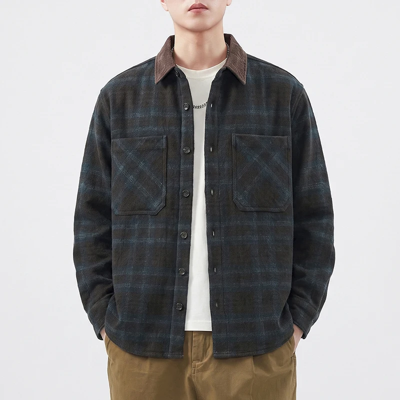Autumn Brushed Cotton Plaid Cargo Shirt Men Fashion Vintage Loose Casual Long Sleeve Shirt Cardigan Jacket Coat