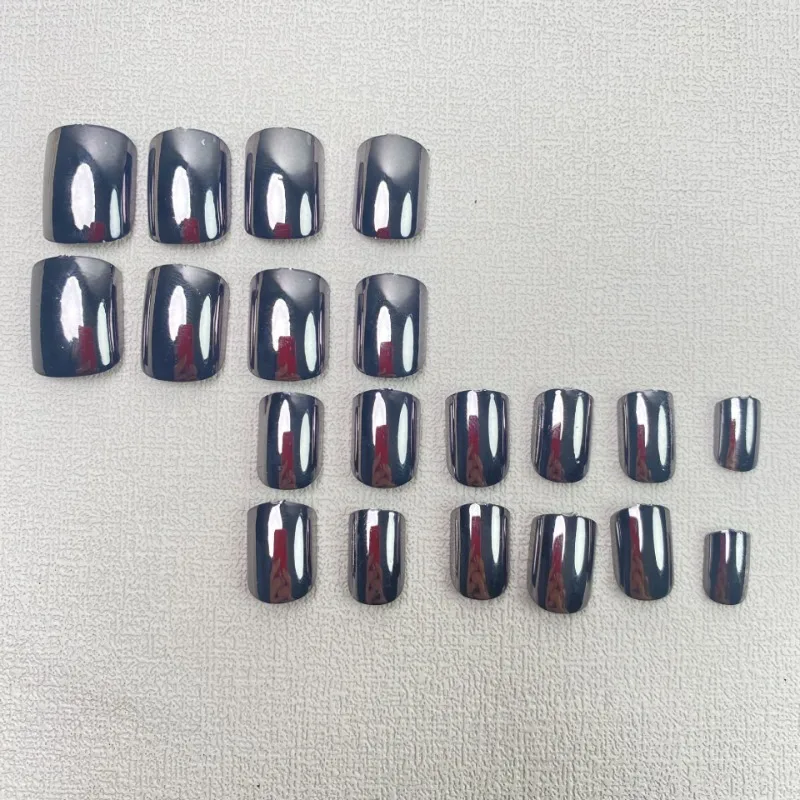 24pcs False Nails for Gluing Electroplated Decorated Nails Press Ons for Girls Short Mid Black Square Fake Nail with Glue Cheap