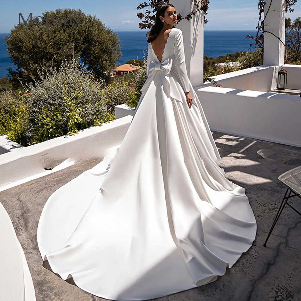 Msikoods abito da sposa A maniche lunghe in raso semplice modesto con scollo A V Sexy con fiocco A Line abito da sposa Robe De Mariee Woemn Plus Size