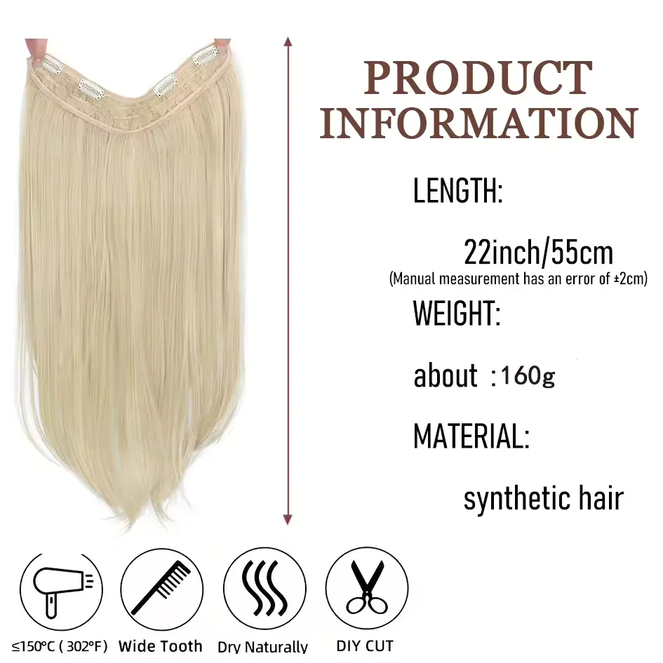 22Inch Synthetic Long Straight Layered Clip-in Hair Extension V-shaped Black Blonde Invisible Hairpiece for Women