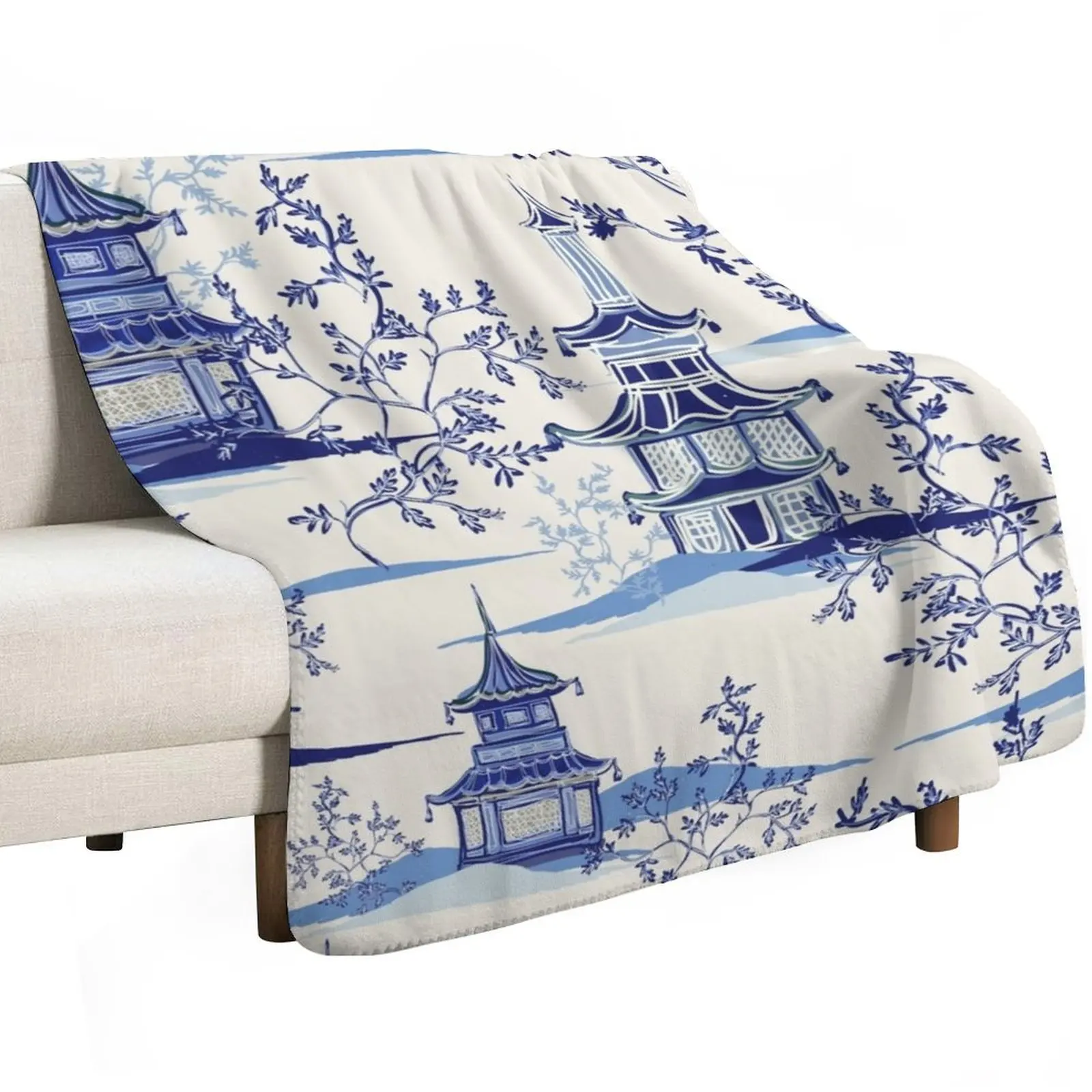 Delft Blue and White Porcelain - Chinoiserie Vintage Tea House Garden Throw Blanket Luxury Winter beds Blankets