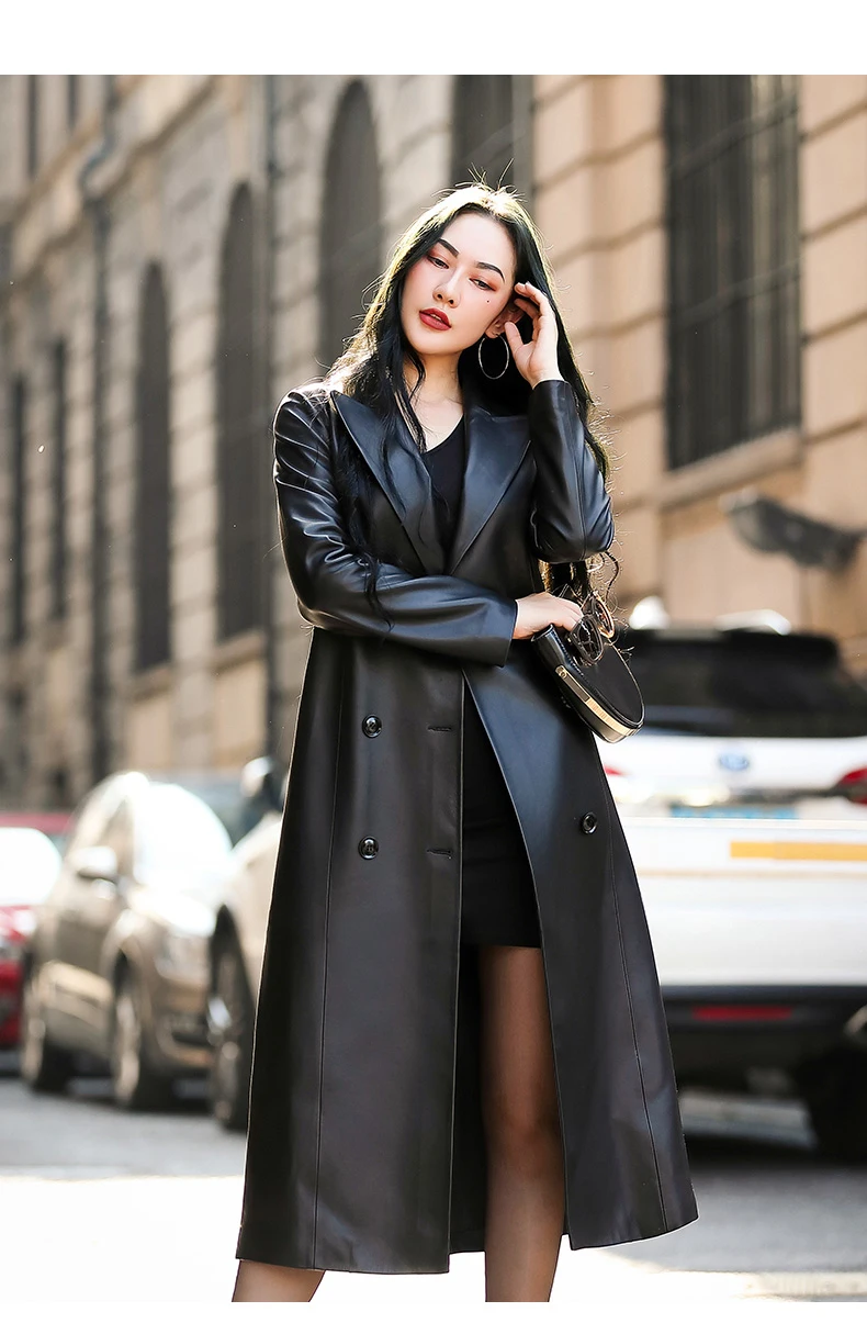 2024 Autumn Black Waterproof Pu Leather Trench Coat for Women Long Sleeve Belt Double Breasted Autumn Designer Fashion