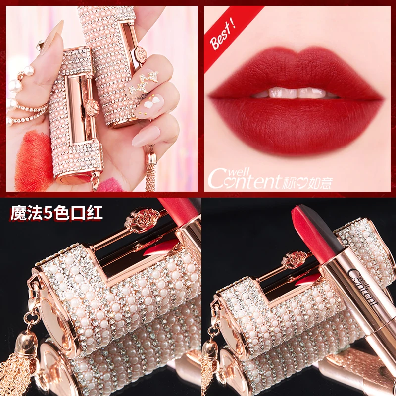 5 In 1 Colors Lipstick Matte Velvet Sexy Red Lip Tint Smooth Long Lasting Waterproof Easy to Wear Magic Lip Makeup for Women