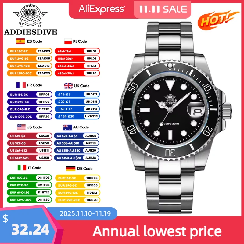 ADDIESDIVE Men’s Watch 41mm Ceramic Bezel Classic Stainless Steel   BGW9 Luminous Date Business 20Bar Dive Quartz Wristwatch