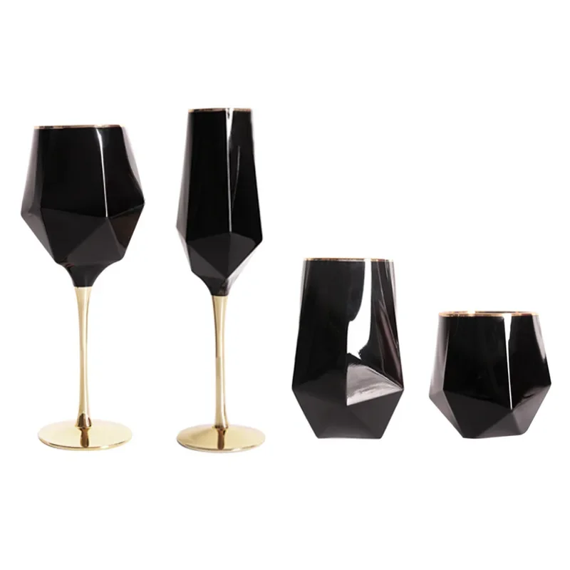 Simple wine glass, gold edged, black electroplated, straight glass, irregular cup, tall and footed cup