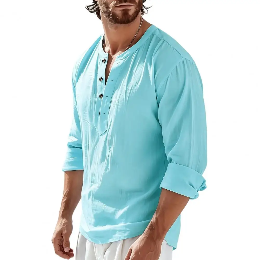 Comfortable Breathable Cotton Blends Men's Retro Button-front Shirt Long Sleeve Holiday Shirt for Beach for Daily for Men