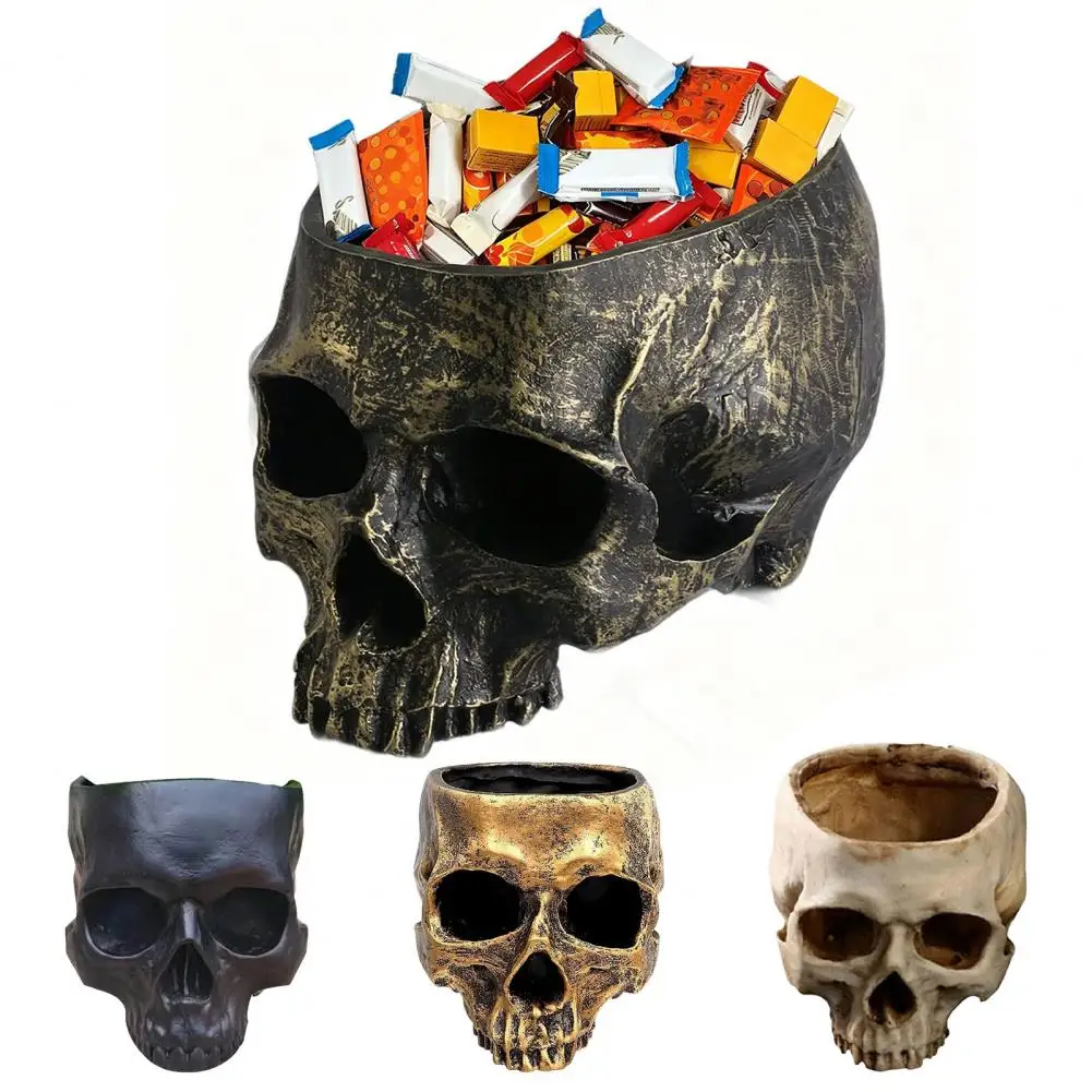 Skull Makeup Brush Holder Halloween Desk Organizer Skull Planter Resin Flower Pot Halloween Candy Bowl Skull Head for Tabletop