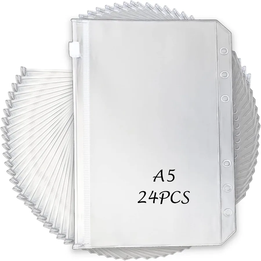 

24PCS A5 Binder Pockets A5 Budget Envelopes with Zipper Waterproof 6Ring Notebook Binder Document Filing Bags
