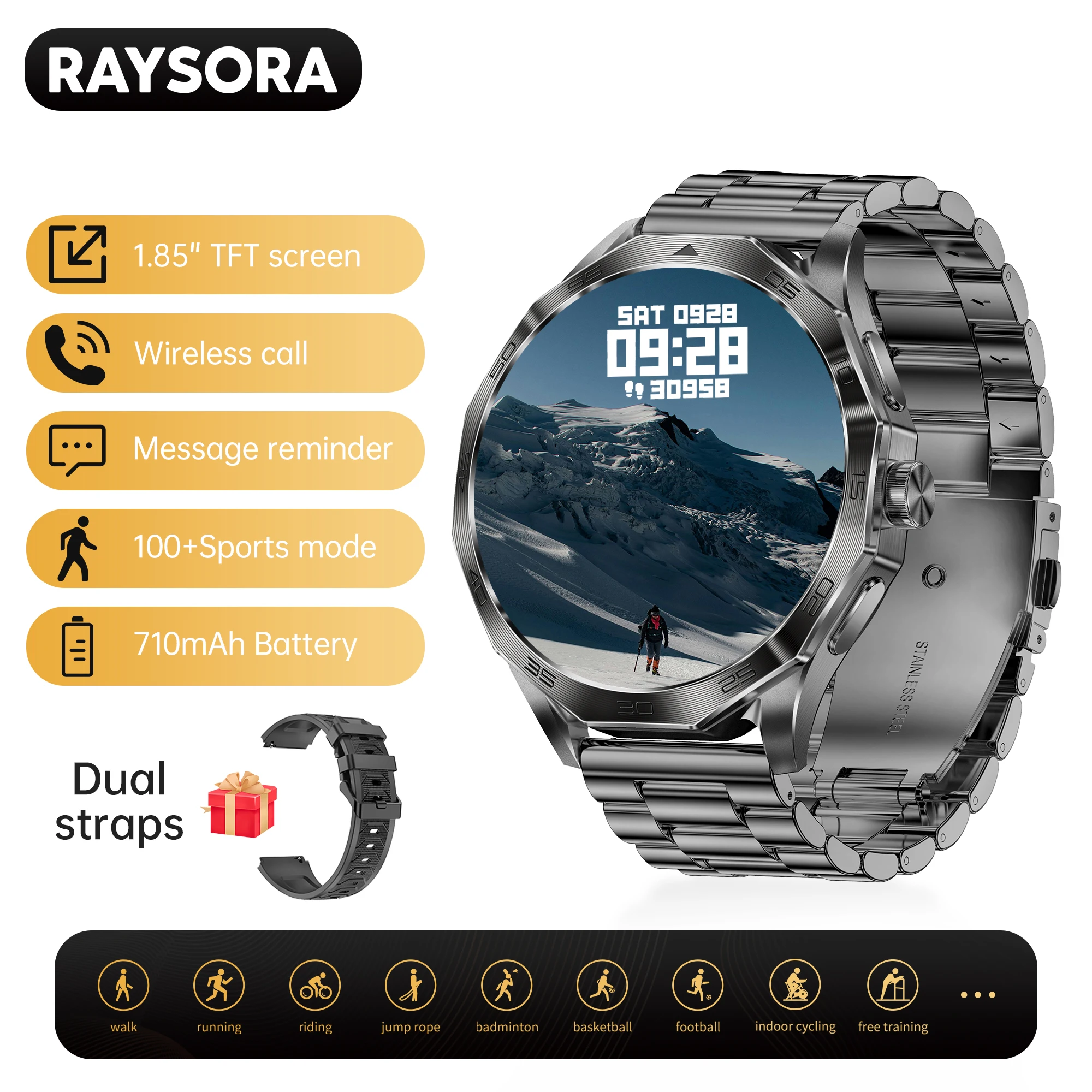 

Мужские спортивные умные часы RAYSORA, большой экран 1,85 дюйма, беспроводные звонки, долговечная батарея 710 мАч, несколько спортивных режимов