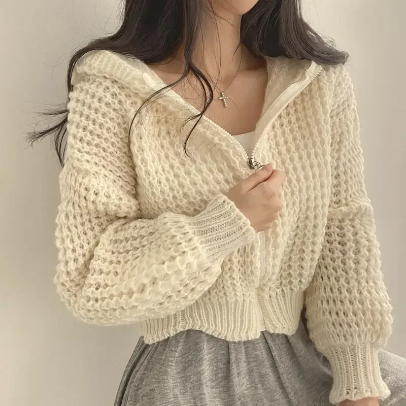 بلوفر نسائي غريب Verschluss Mantel ، كوري Herbst الشتاء Kapuze ، قمم Strickjacke Kurze ، تصميم Revers kargen ، توب فضفاض