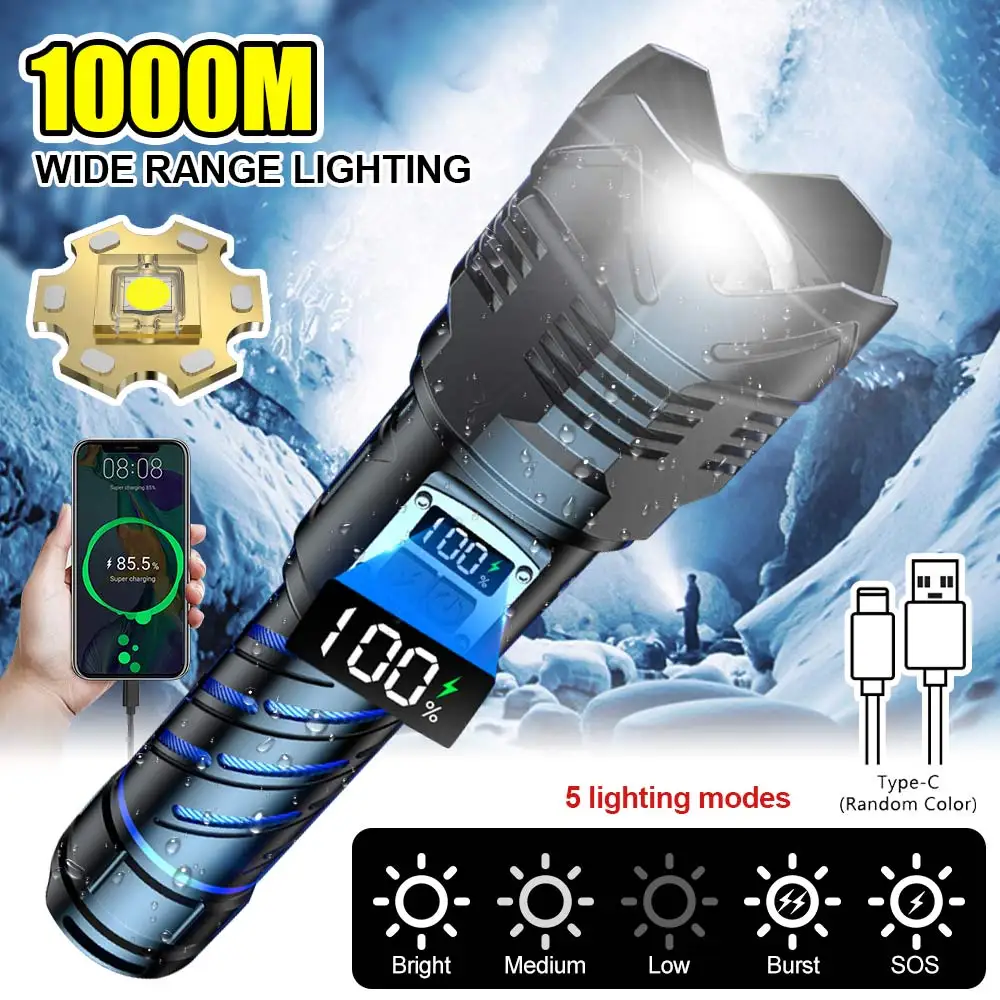 

60W super bright flashlight type-c data cable charging outdoor long-home-charging aluminum alloy zoom digital display flashlight