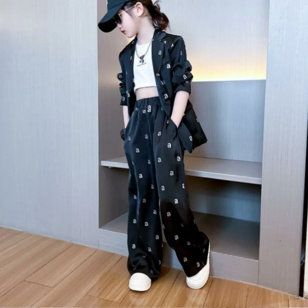 Spring New Girl Set 2024 Children\'s Letter Coat+Wide Leg Pants Two piece Set Fashion Girl Casual Walk Show Set Girl Clothing