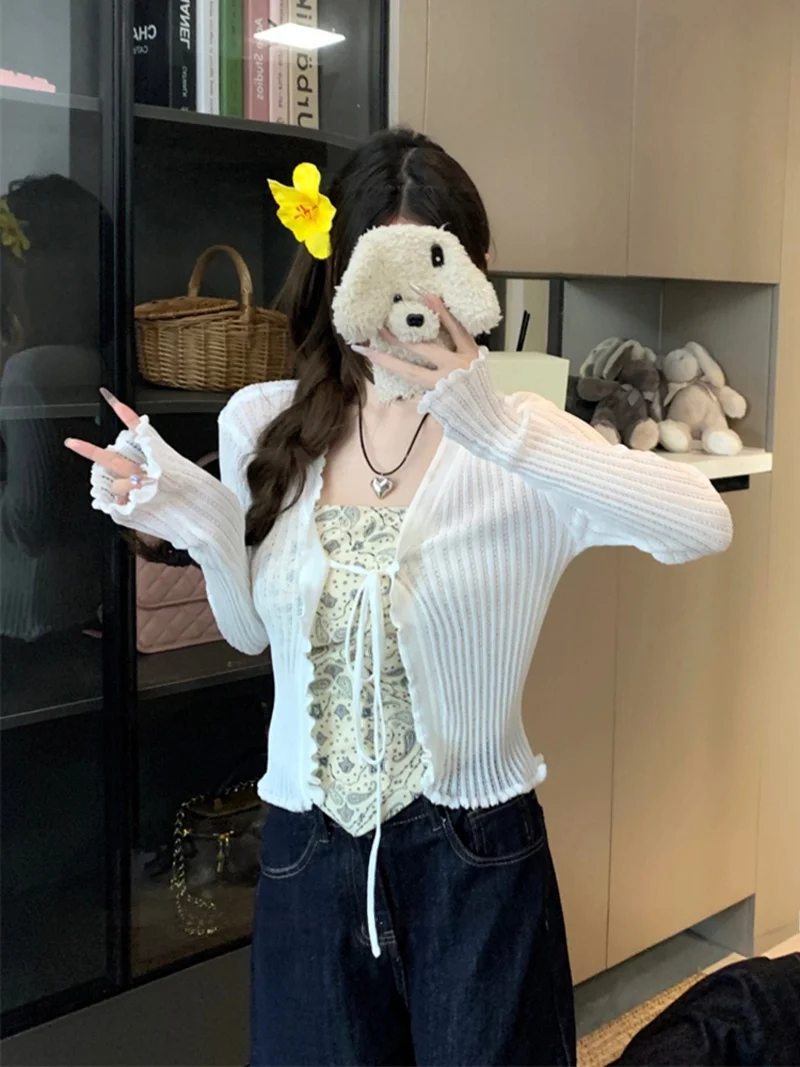 สีเหลืองเสื้อคาร์ดิแกนถักแขนยาวผู้หญิงฤดูใบไม้ร่วงใหม่เสื้อกันหนาวบางป้องกันแสงแดดแจ๊กเก็ต SLIM FIT TOP OUTERWEAR