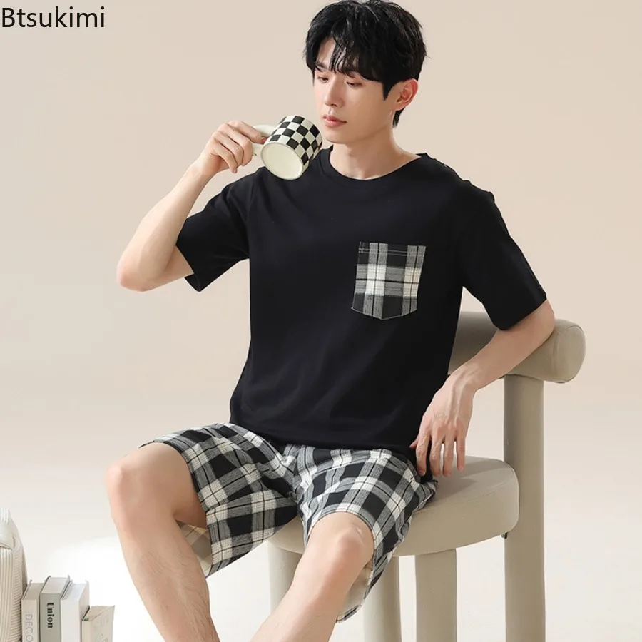 

Men's Short Sleeve Tees and Short Sets for Sleepwear Cotton Plaid O-neck Pajama Sets Men Home Clothes Young Male Homewear Set