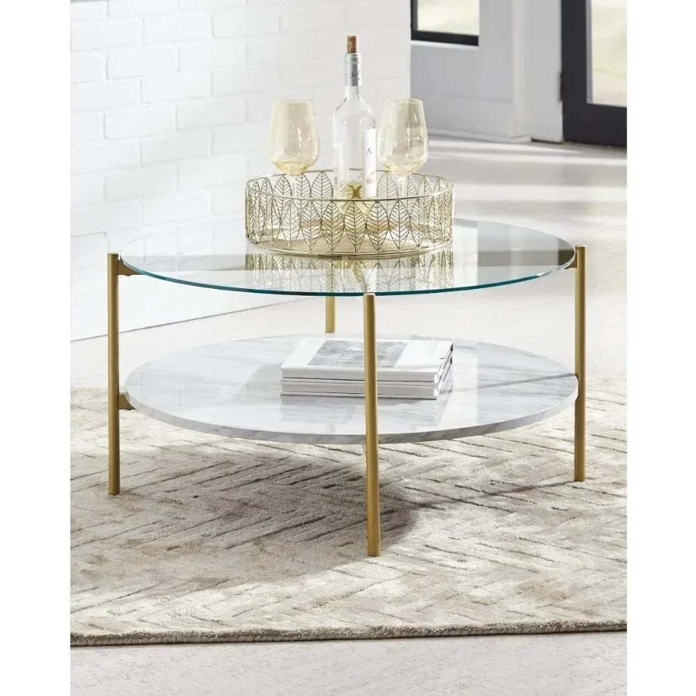 

Contemporary Round Coffee Table With Glass & Faux Marble Furniture White & Gold Tea and Coffee Tables for Living Room Dining End