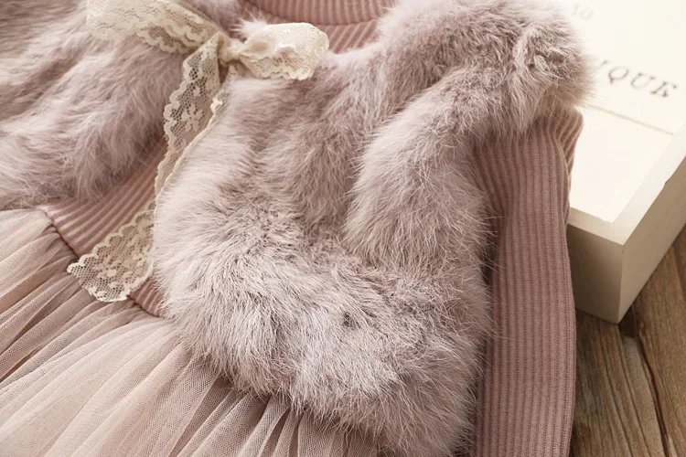 Girl\'S  Warm Dress Autumn And Winter Imitation Mink Velvet Outfit Mesh Fashionable Plus Velvet Warmth One-Piece Princess Dress