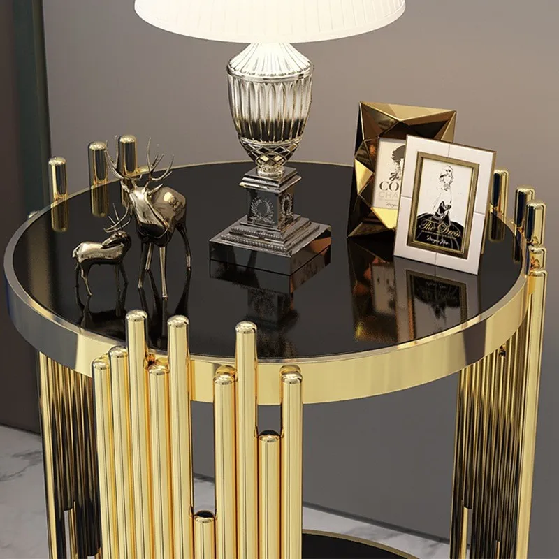 Modern Italian Minimalist Luxury Gold-plated Stainless Steel Tempered Glass Coffee Table Marble Edge Rotating Foldable Design