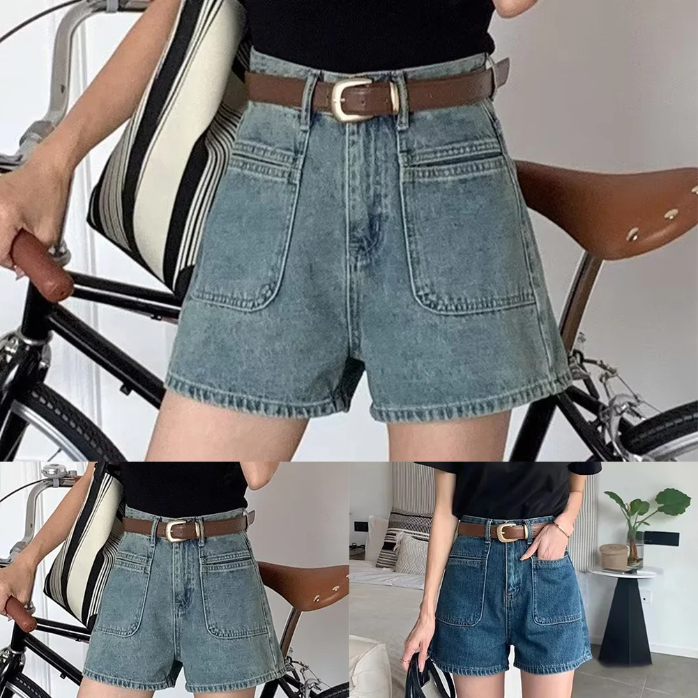 여성용 심플 숏팬츠, 더블 하이 핫팬츠, 포켓, 심플한 허리, 와이드핏, 여성용 신상 패션, 고품질