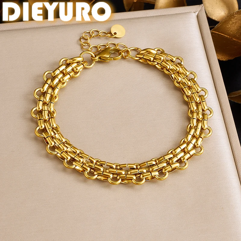 DIEYURO 18K Gold Plated Bold Hip Hop Style Chunky Bracelet for Women Chunky Stainless Steel Waterproof Hand Chain Jewelry Gift