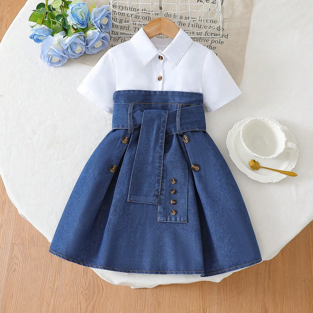 Toddler Girl Denim Dress 2-in-1 Short Sleeve White Shirt Mock Fake Two Piece Jean Skirt Set Casual Preppy School Kids Outfit