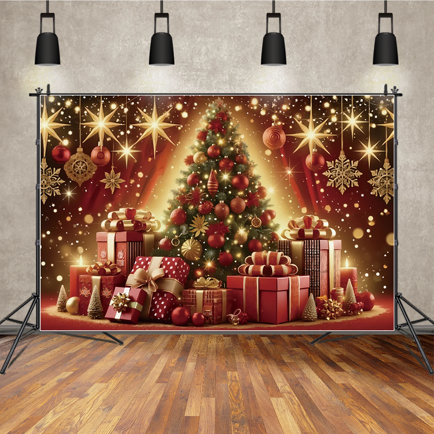 

MOON.QG Xmas Trees Gifts Photo Background Golden Snowflake Red Christmas Backdrop Decoration Photobooth Family Photo Studio Wall