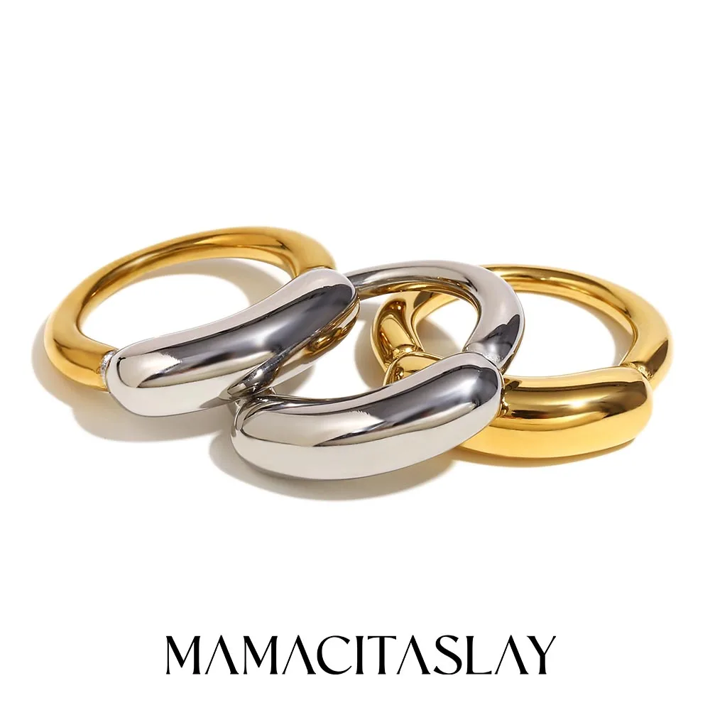 MamacitaSlay Minimalistic Gold Two-Tone Line Smile Tarnish ฟรีแหวนกันน้ําอินเทรนด์ Women'sJewelry 18K Gold Plated แหวน