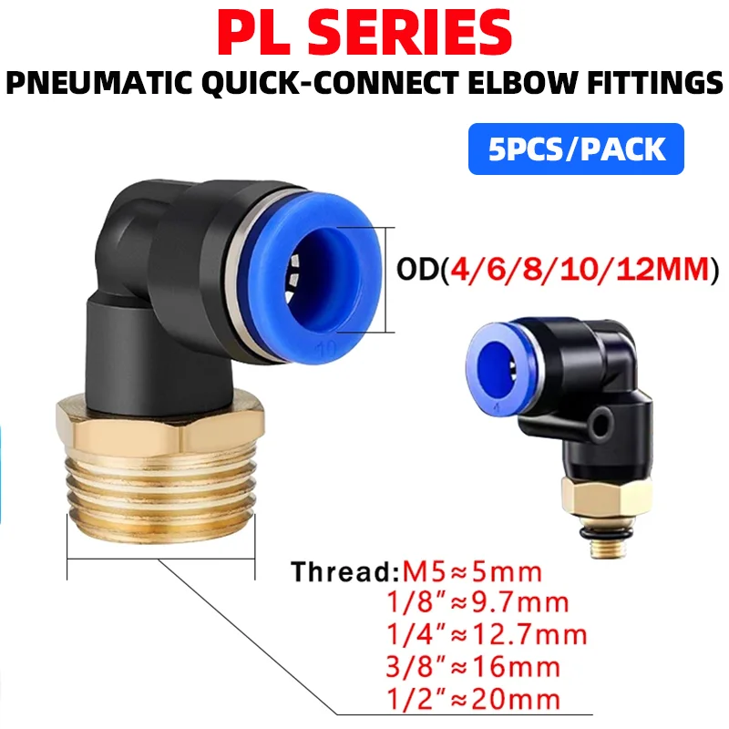 5PCS PL Series Pneumatic Quick - Connect Elbow Fittings:PL 4 6 8 10 12mm Tube, 1/8