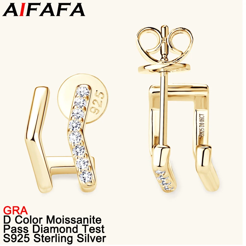 AIFAFA All Shine Moissanite Gold Stud Earrings Men Women 100% S925 Sterling Silver Moissanita Ear Stud Jewelry Pass Diamond Test