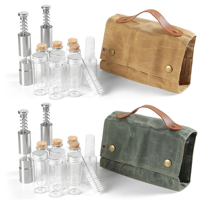 Camping Spices Organizers, Travel Spices Container Bag with Clear Seasoning Bottle Outdoor Spices Jar Spices Containers