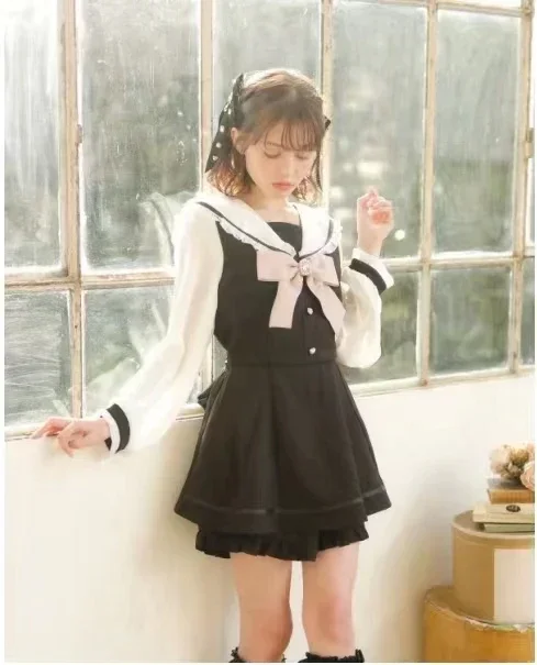 Japanese Sweet Girl Classic Sailor Collar Shorts Suit Lolita Long Sleeve Bowknot Stripes Dress Top Shorts Two Piece Set Women