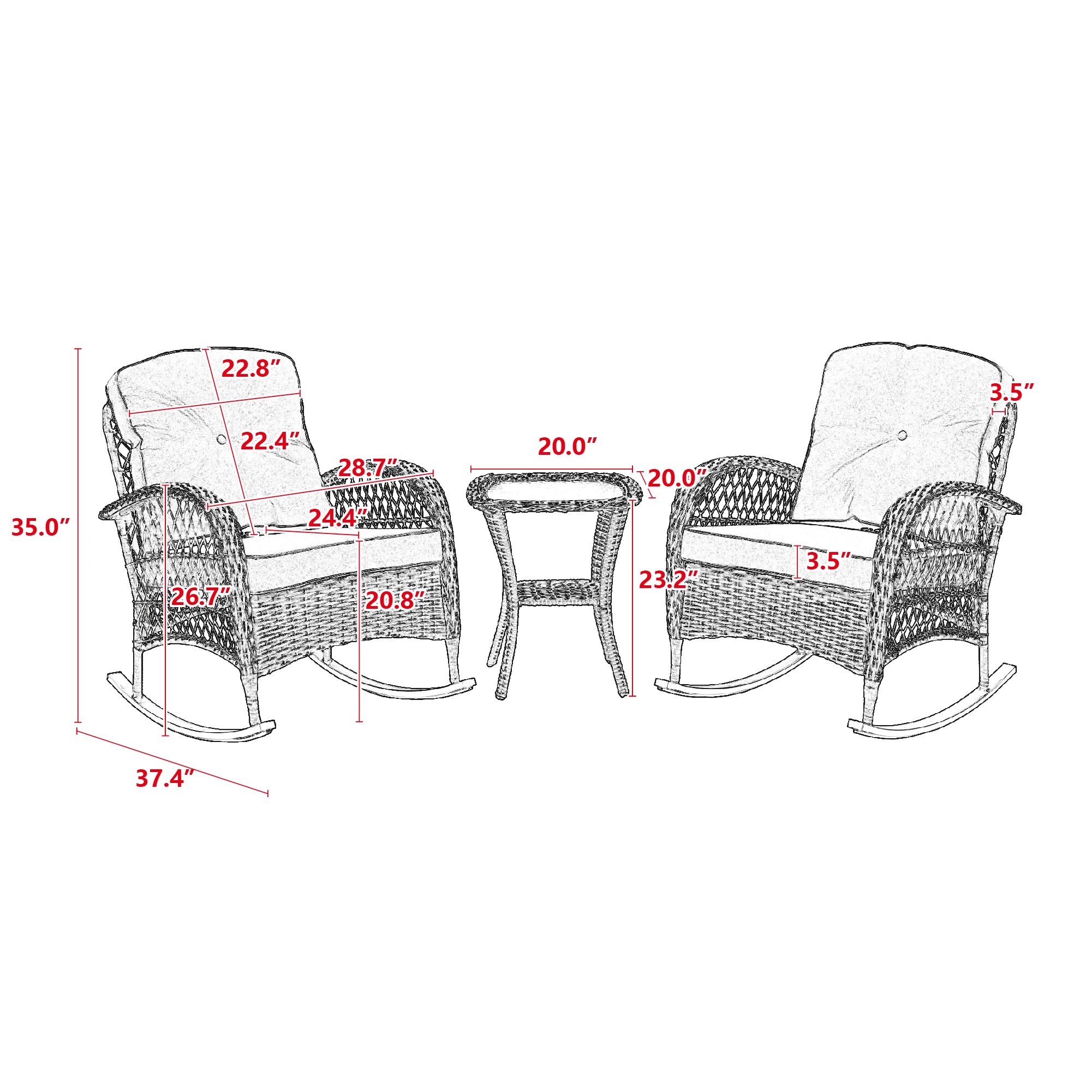 3pcs Outdoor Furniture Modern Wicker Rocking Chair Set Patio Outdoor Furniture Conversation Sets