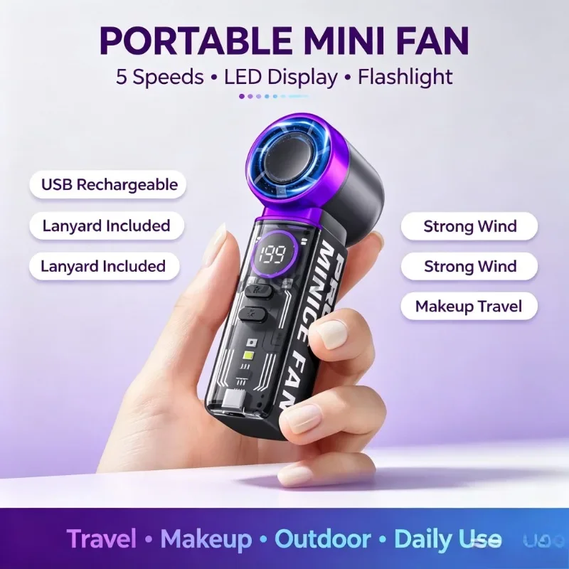 Portable Handheld Mini Fan USB Rechargeable 5 Speeds LED Display Flashlight with Lanyard for Makeup Travel Outdoor K824
