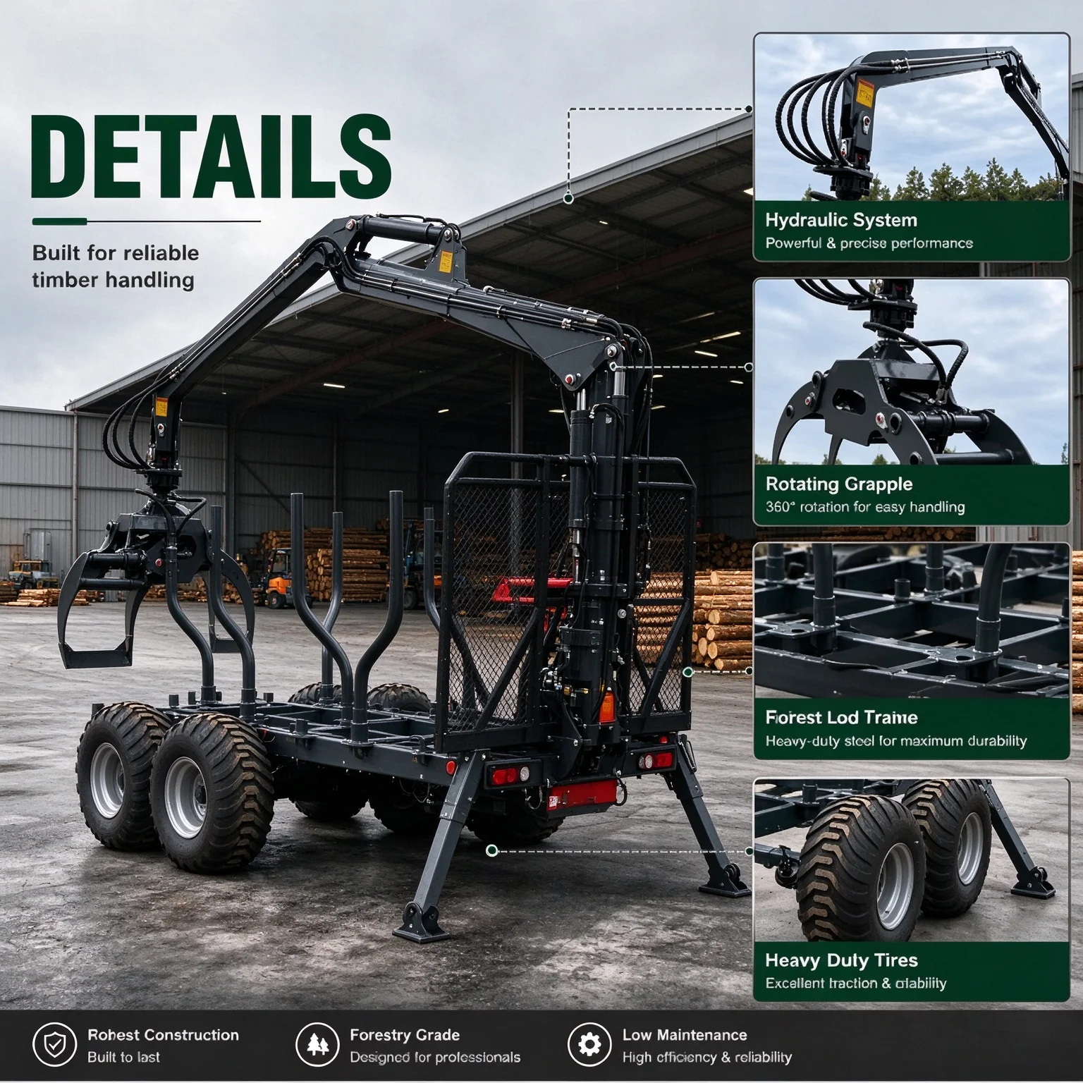Self-Loading Timber Hauler Trailer with Hydraulic Crane, Log Stakes & Stabilizers for ATV UTV Forest Logging