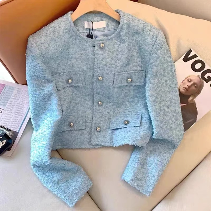 New 2024 Spring Korean Fashion Tweed Jacket Women Blue O-neck Long Sleeve Small Fragrance Short Coat Elegant Outwear High End