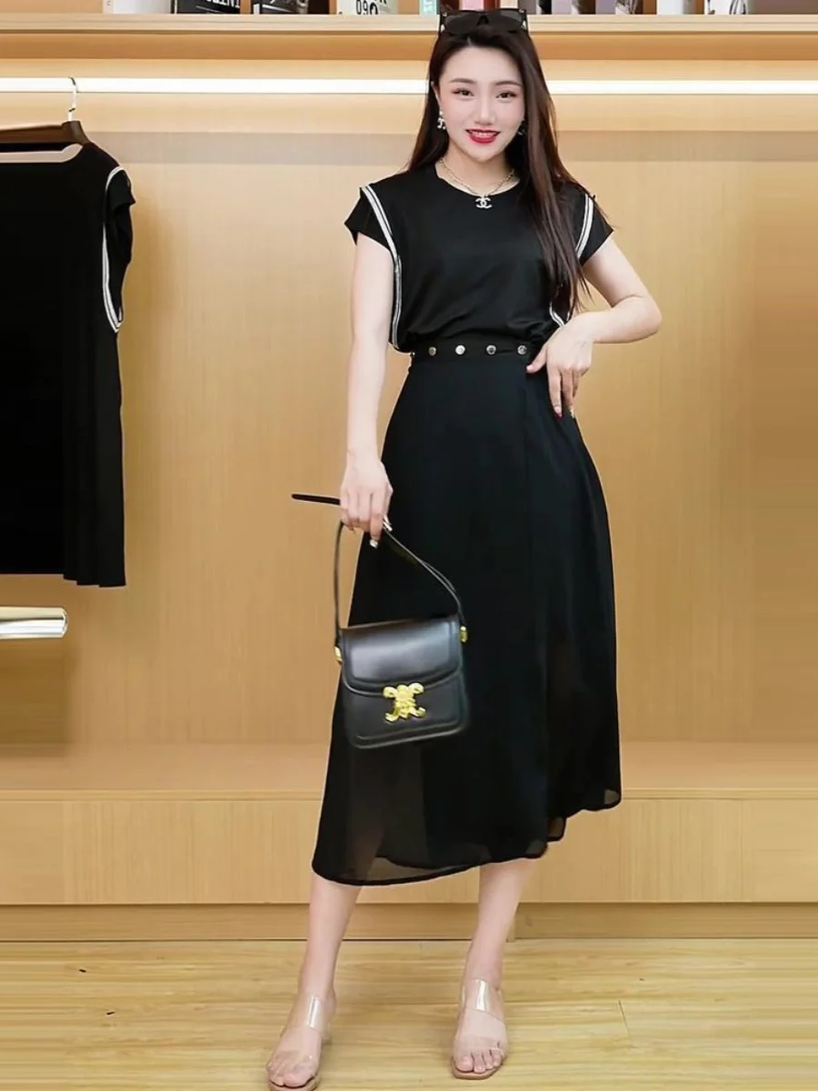 

Elegant Black T-Shirt Midi Skirt Set Women's Fashion Summer 2023 High Waist Slim Fit Casual Outfit Polyester Blend