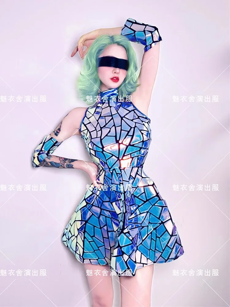 

Silver Mirror Nightclub Dress Women Evening Birthday Outfit Sleeveless Shiny Laser PU Bar Dj Gogo Dancer Singer Stage Costumes