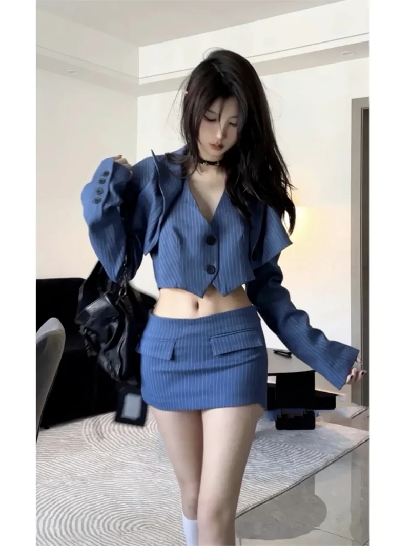 Imagem -04 - Conjunto de Vestido Casual de Peças para Mulheres Top Y2k Blazers Listrados Roupas da Moda Coreana Mini Saias Chiques Elegantes Outono 2023