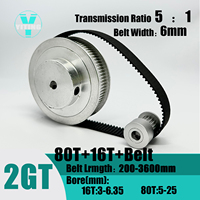 2GT 2M 80Teeth 16T  GT2 16Teeth 80T Timing Belt Pulley Set Belt Width 6mm Bore 3~25mm  5:1 Wheel Synchronous Pulley Belt Kit