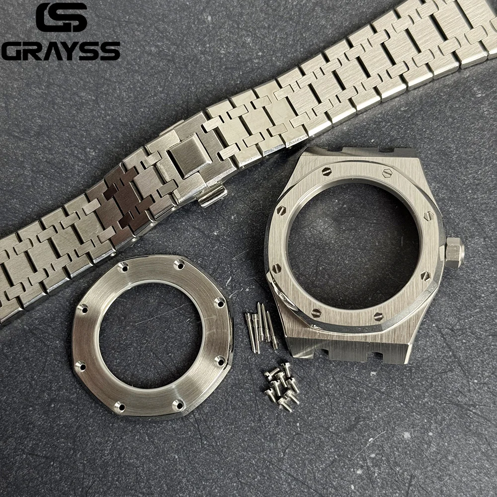 Para aço inoxidável octogonal 42mm caixa de relógio automático mod pulseira transparente volta safira caber nh34 nh35 nh36 nh38 nh70 nh72