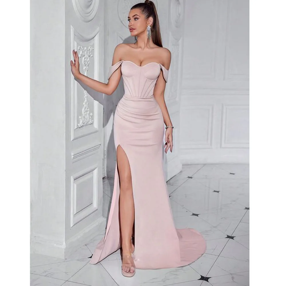 Classy Simple Women Prom Dresses Strapless Sleeveless Floor Length Sexy High Side Split Slim Fit Formal Evening Party Gowns