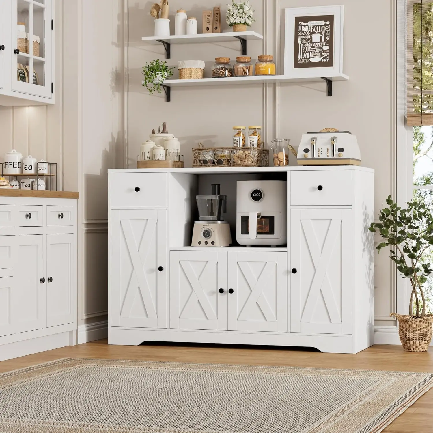 Armoire à micro-ondes 47' avec station de recharge, buffet de cuisine blanc avec tiroirs et étagères